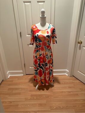 Floral Midi Dress in Cream with Bright Multi-Color Print